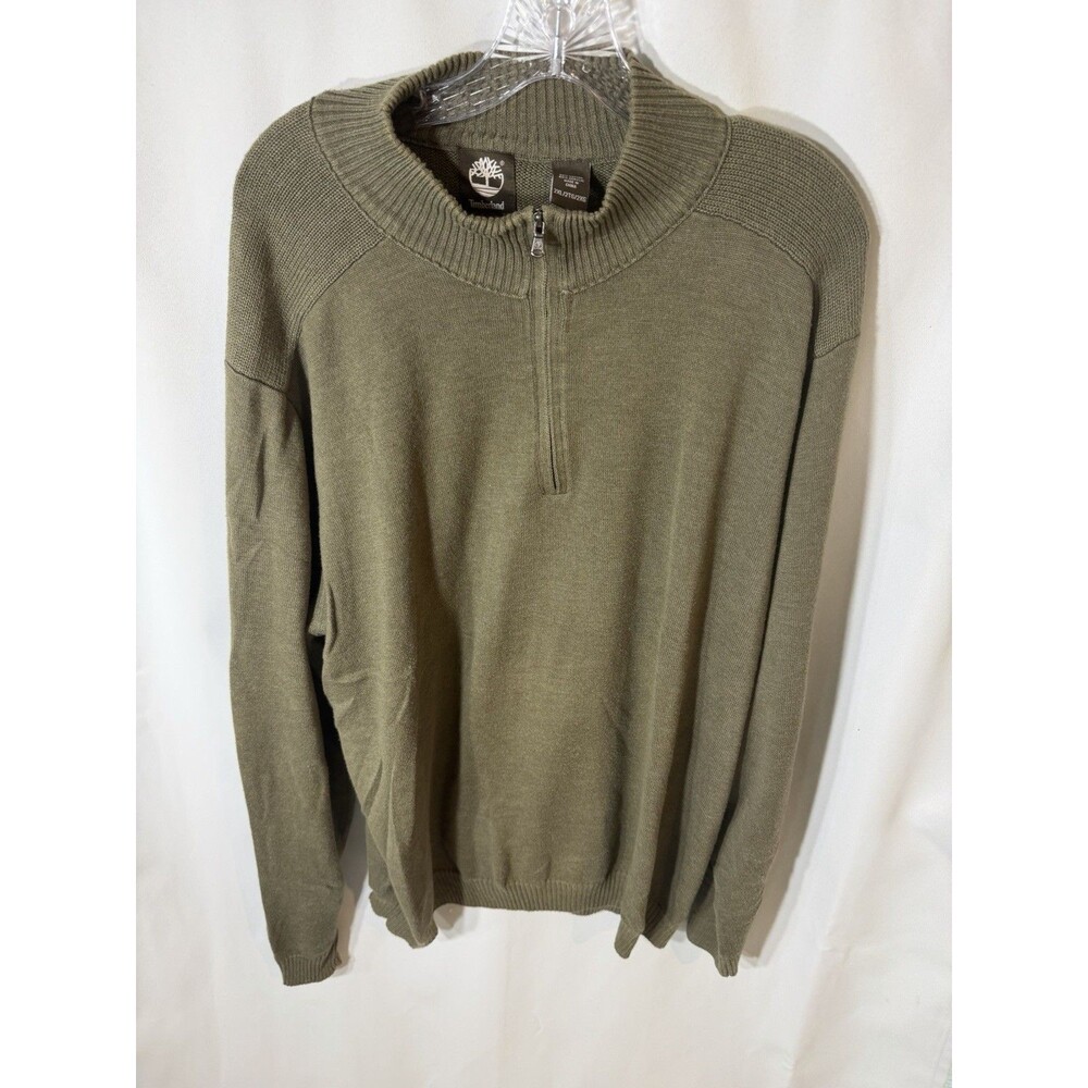 Timberland Mens 2XL Green Knit Sweater 1/4 Zip Pullover Crew Neck Cotton